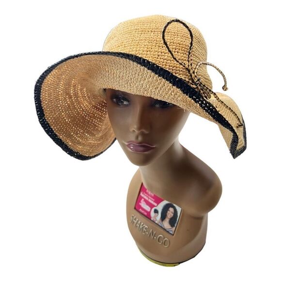 Scala Collezione Women's Natural Fibre Black Trim Wide Brim Sun Hat Tan One Size - Picture 2 of 11